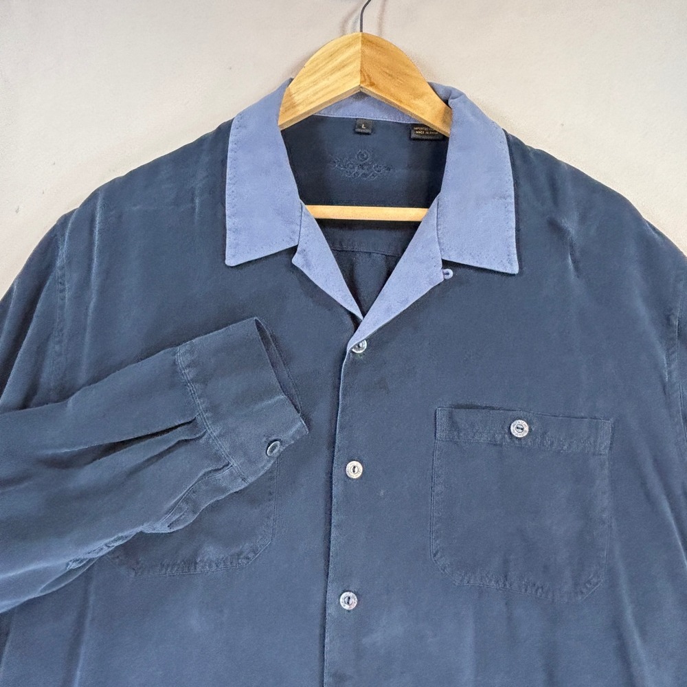 Bugatchi Silk Button Down Shirt Mens Large Blue Long Sleeve Contrast Camp Uomo